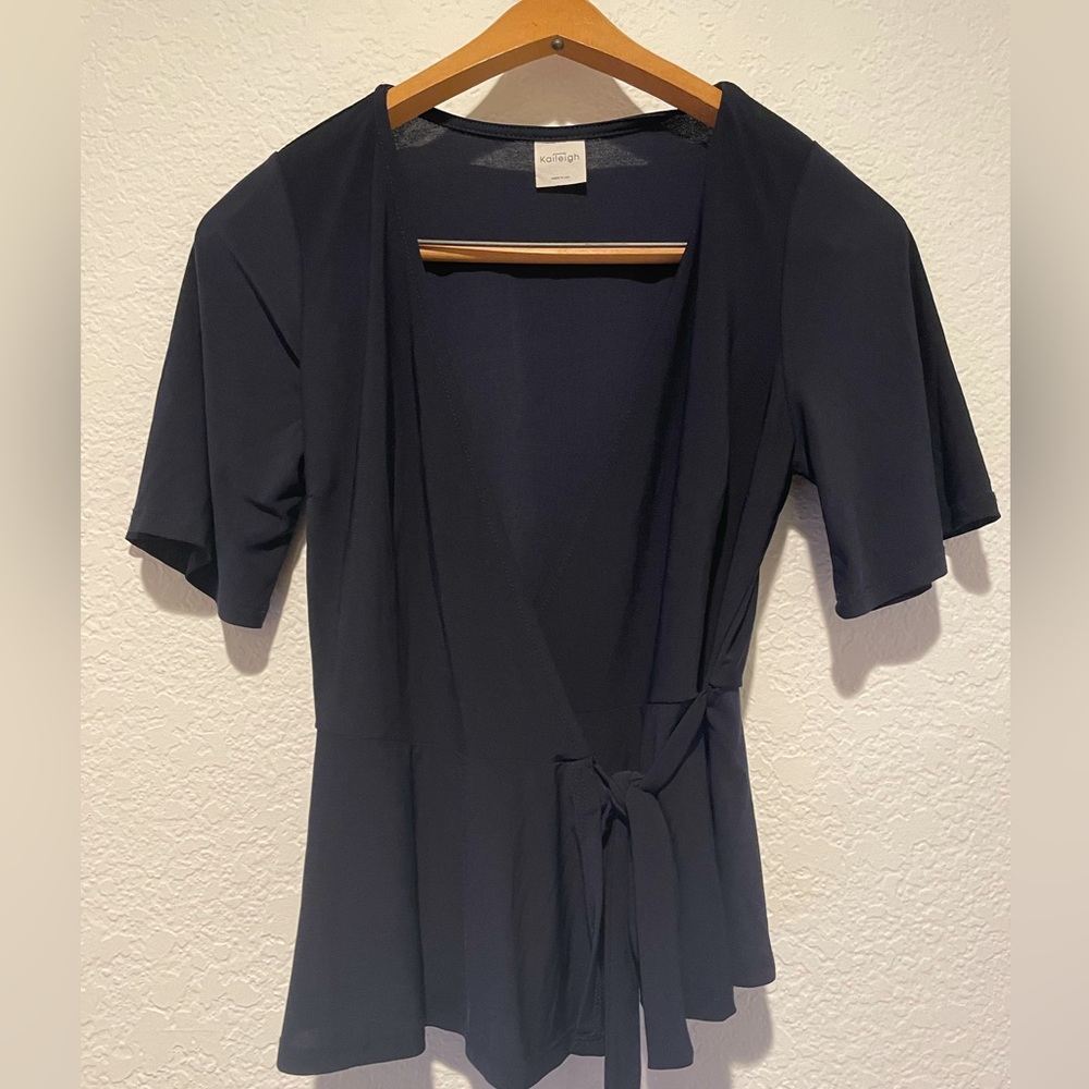 Navy Blue Wrap Blouse Top Front Tie Short Sleeve